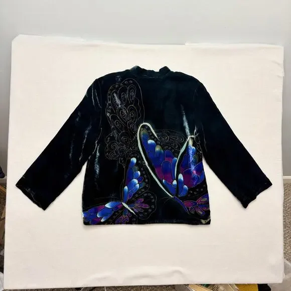 Chicos Green Silk & Velvet Painted Butterfly Kimono Blazer Jacket Size 2 (L/12) - Picture 8 of 12